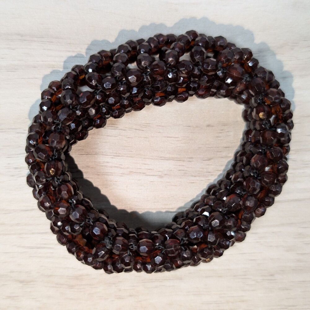 Multi Strand Brown Faceted Bead Stretch Bracelet Chunky Amber Tone